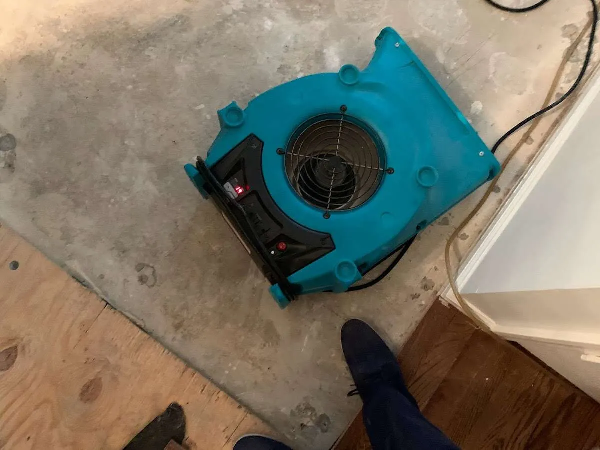 Air mover drying subfloor during Commercial Water Damage Restoration in Greenwood